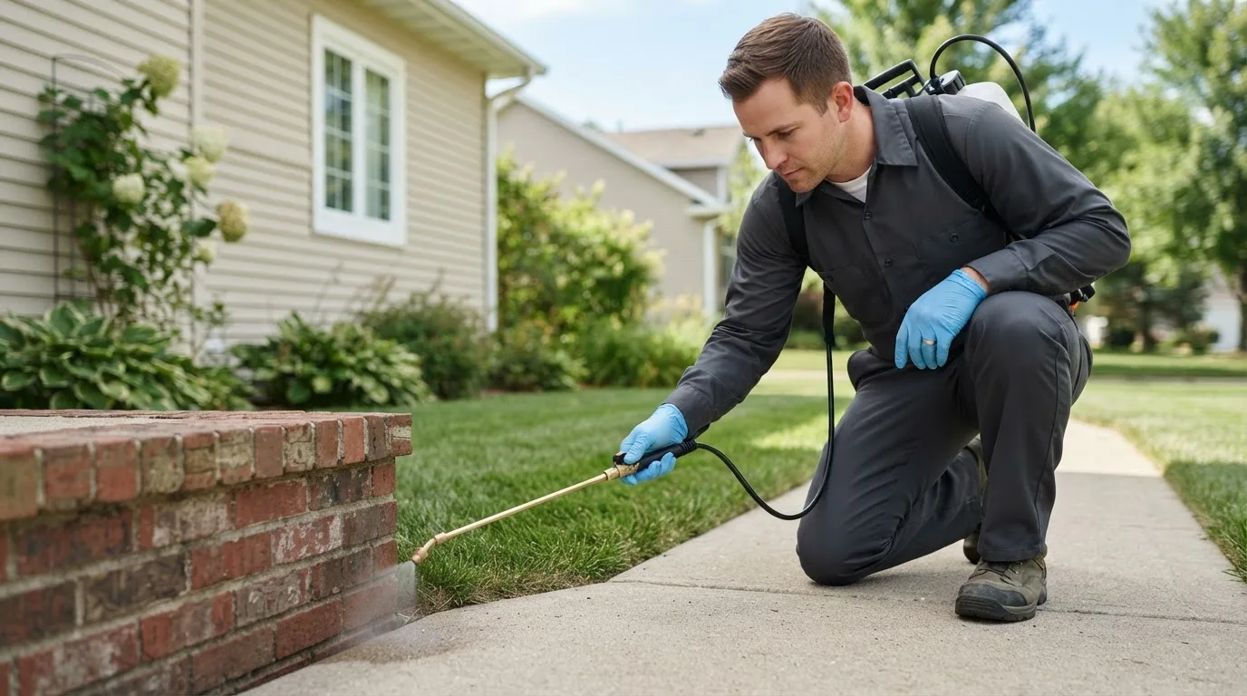 Pest control technician treating a home near Lebanon, NH